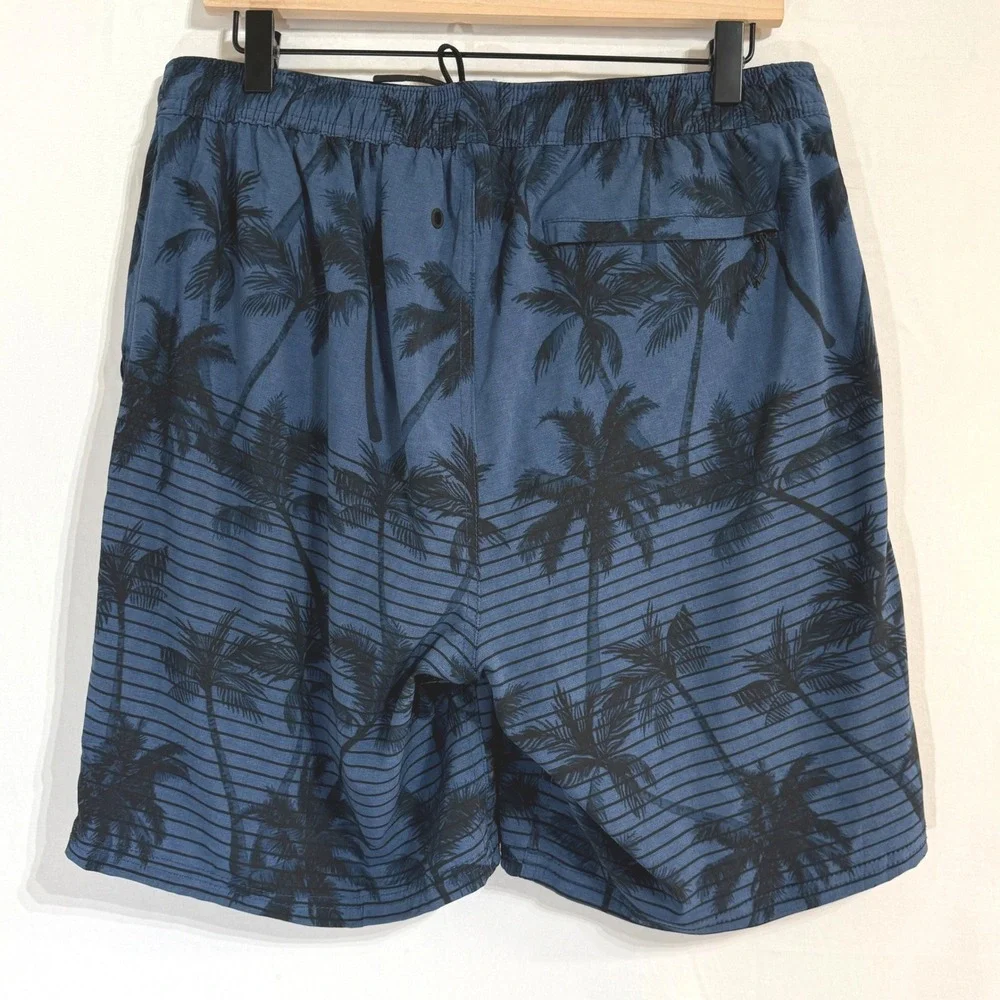 Kirkland Signature Mens Medium Stretch Swim Shorts Blue‎ Palm Tree Lined NWOT